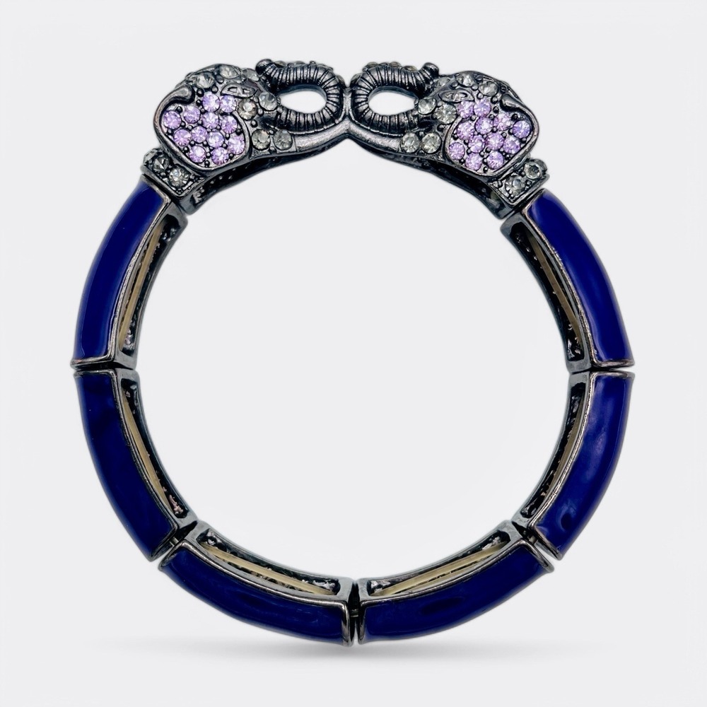 Elephant Bracelet Purple Rhinestone Blue Enamel Gunmetal Silver Stretch Bangle